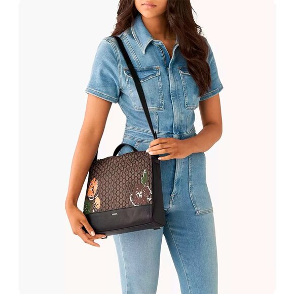 S Fossil Elina Convertible Black Brown Floral Logo Backpack SHB2999979 NWT $180 main image 5